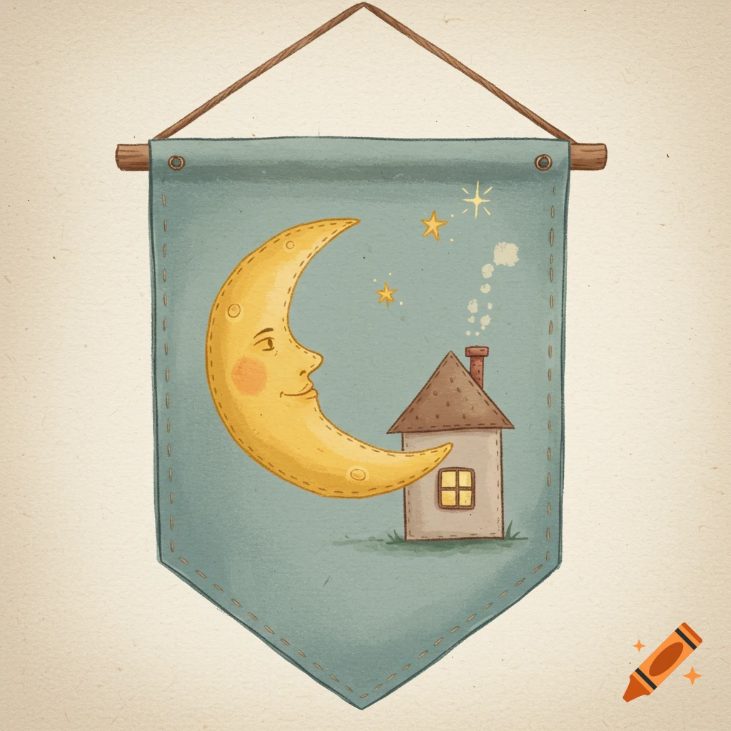 A whimsical illustration of a crescent moon and a small house on a hanging banner.