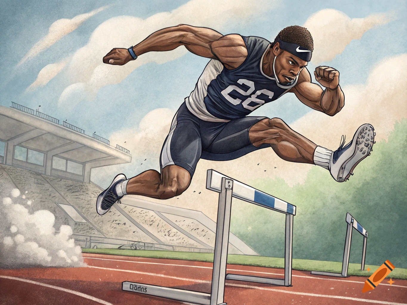 Illustration of a muscular athlete in a tank top and shorts jumping over a hurdle on a track in a stadium.