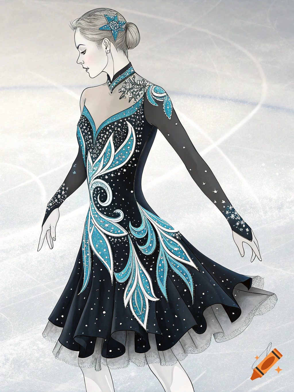 Illustration of a figure skater in a black and blue costume on ice