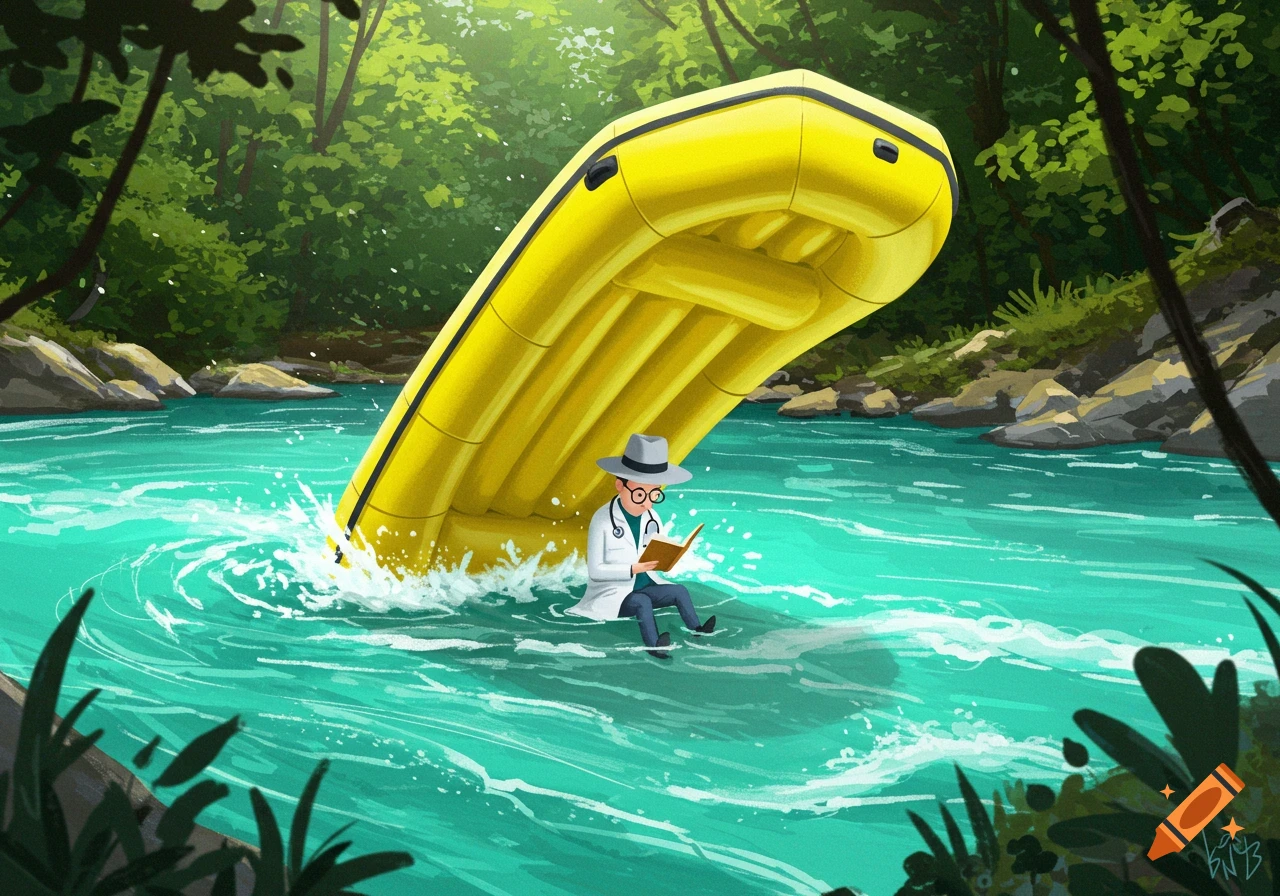 A doctor in a lab coat and hat sits on an overturned yellow raft in a river, reading a book. Digital illustration.