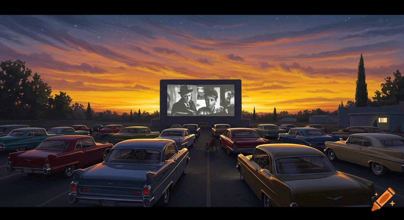Detailed illustration of a drive-in theatre at sunset with vintage cars watching a movie on the screen.