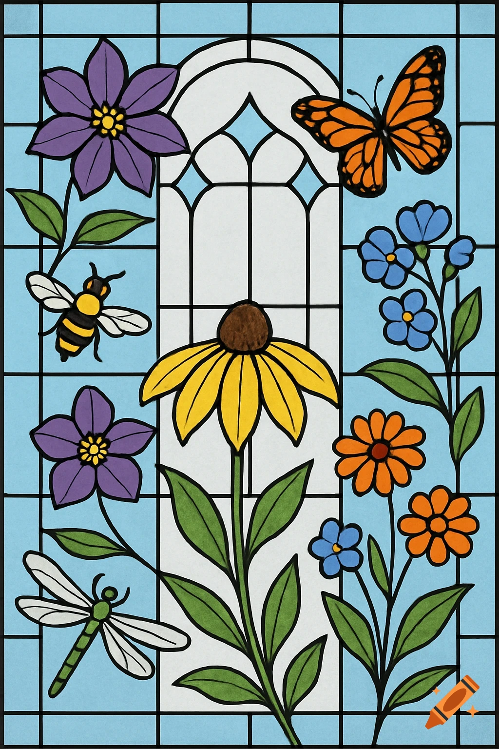 Colorful stained glass design with flowers, insects, and arched window.