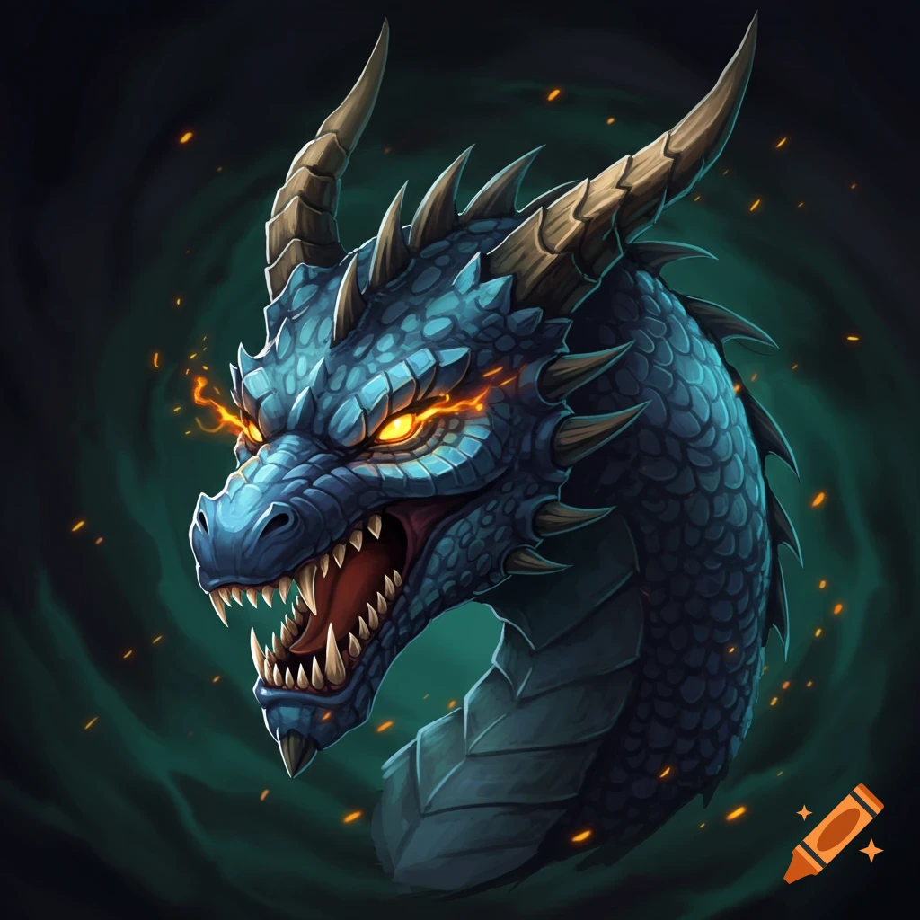 A close-up illustration of a blue dragon head with orange eyes and open mouth.