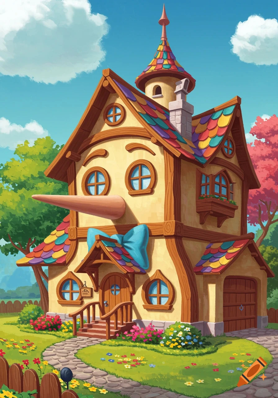 A cartoon house designed like Pinocchio with a long nose and bow tie in a colorful garden.