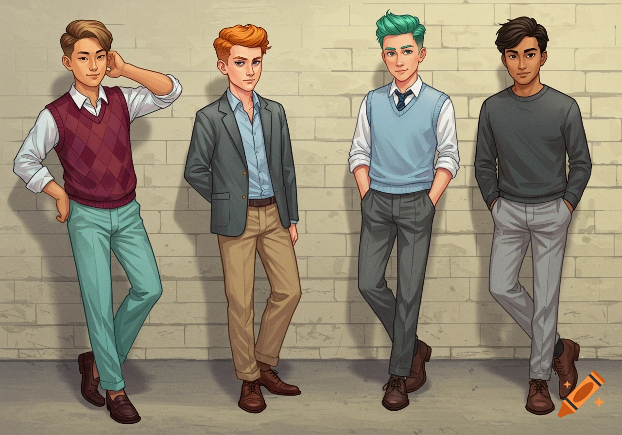 Four stylish teenage boys lean against a brick wall in anime style.