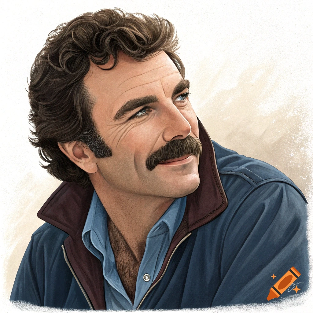 Illustration of Tom Selleck with a mustache wearing a blue jacket