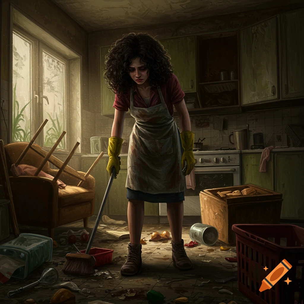 Realistic painting of a woman sweeping a broom in a chaotic, dirty kitchen.