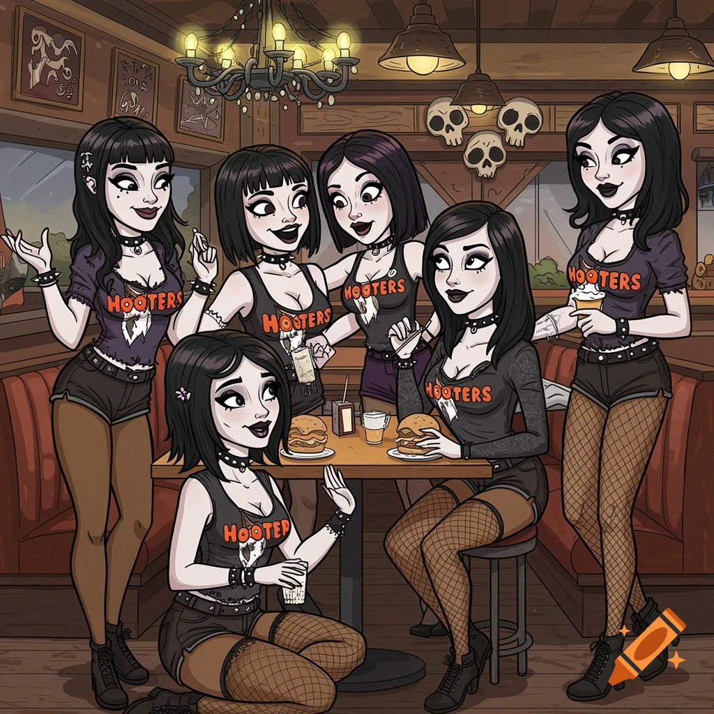Cartoon illustration of several goth-styled women in Hooters outfits sitting around a table in a restaurant, some holding drinks or food.