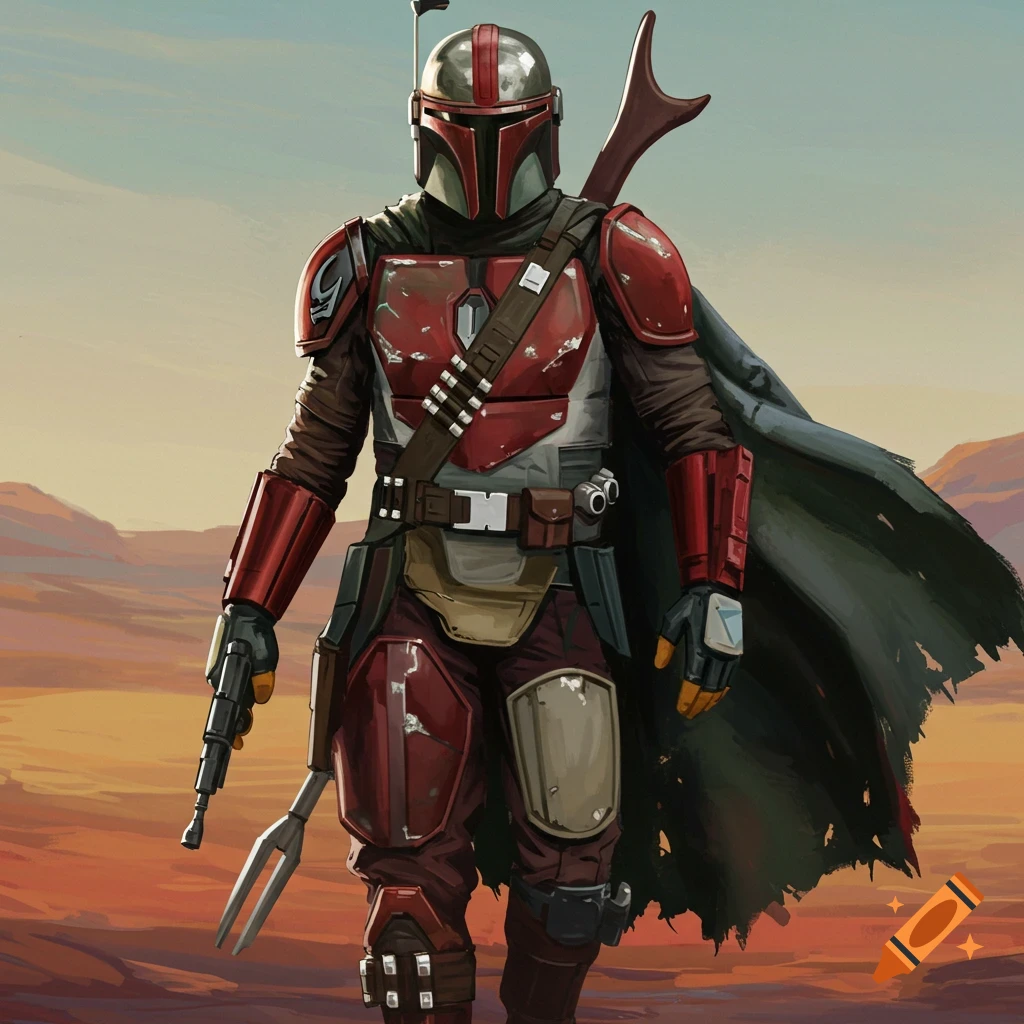 The Mandalorian walks through a desert landscape. on Craiyon