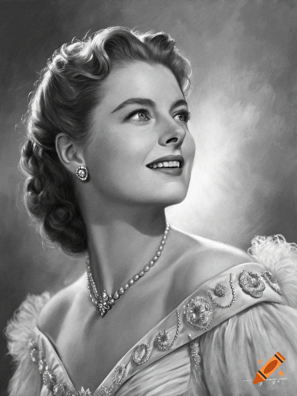 Black and white painting of a woman in a fancy dress and pearls smiling and looking up.