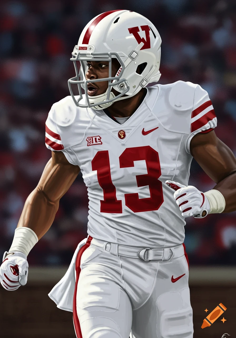 Football player in white uniform with red trim and number 13