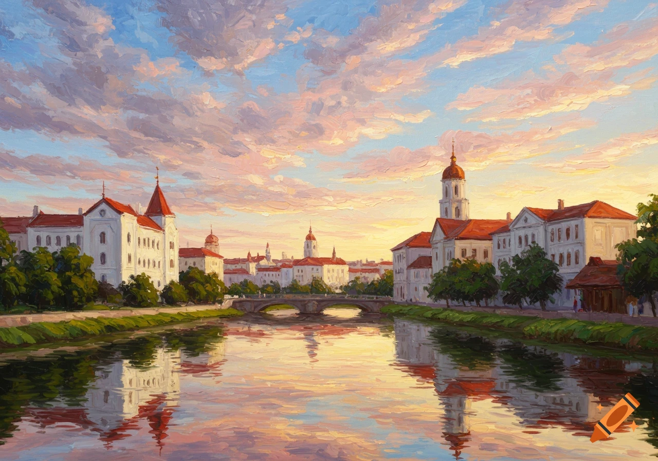 Impressionist painting of a city along a river at sunset.