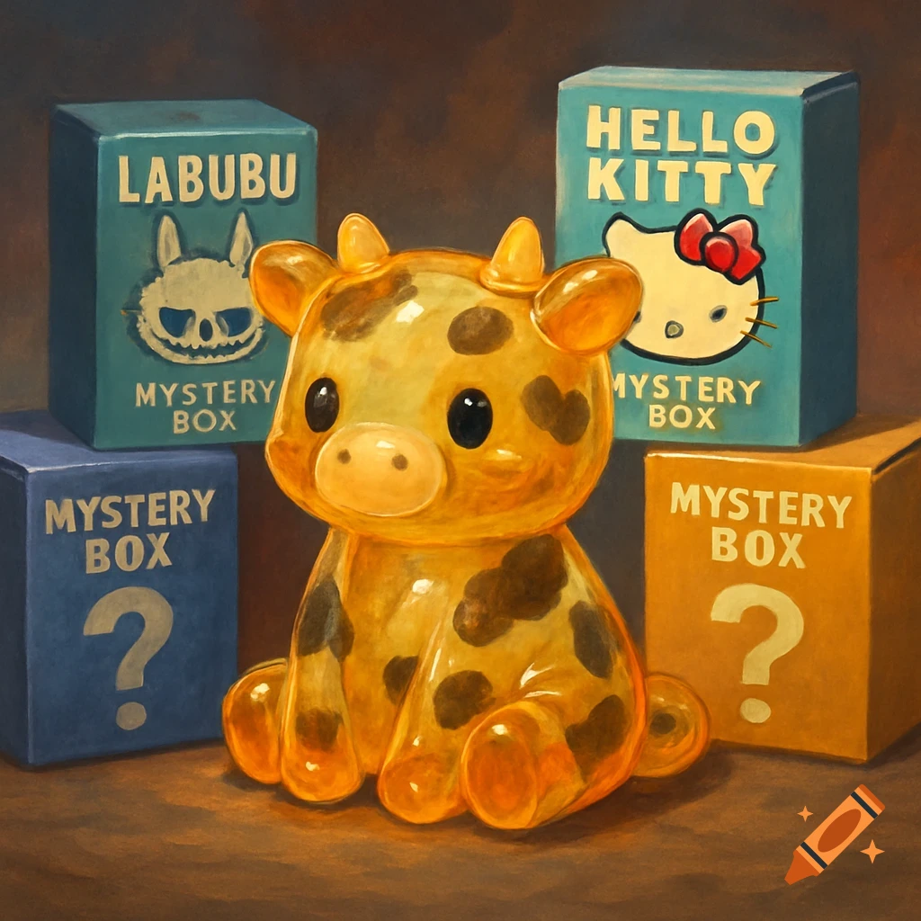 A translucent jelly cow toy sits in front of mystery boxes labeled Labubu and Hello Kitty, painted style