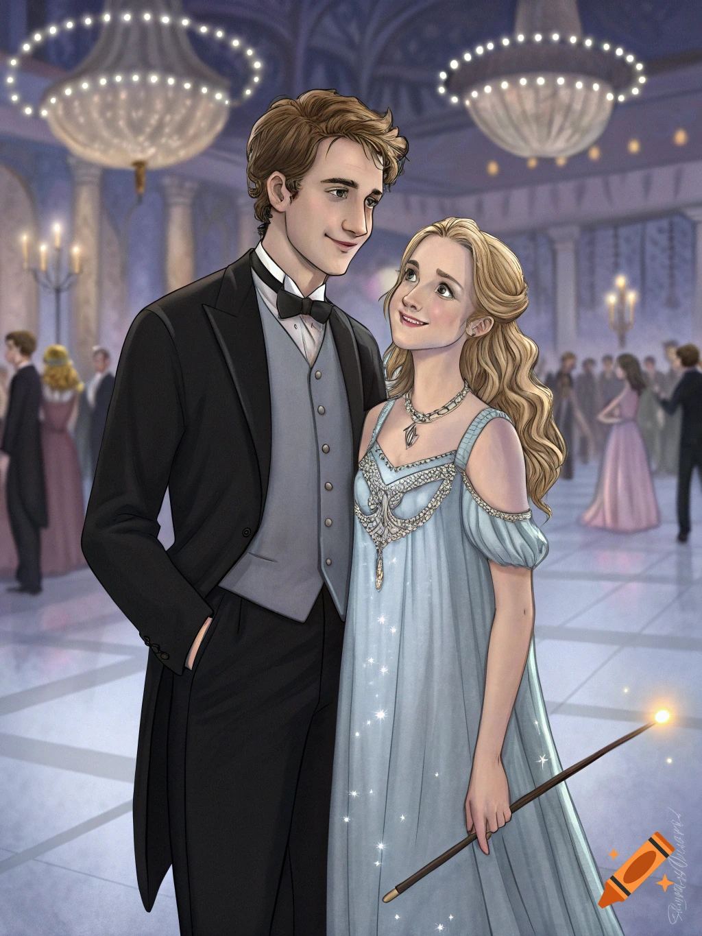 Cedric Diggory and Luna Lovegood in formal wear at the Yule Ball, an illustration.