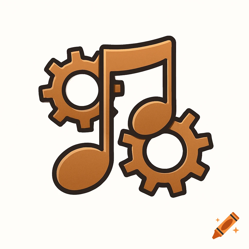 Stylized copper and bronze logo of a musical note intertwined with gears.