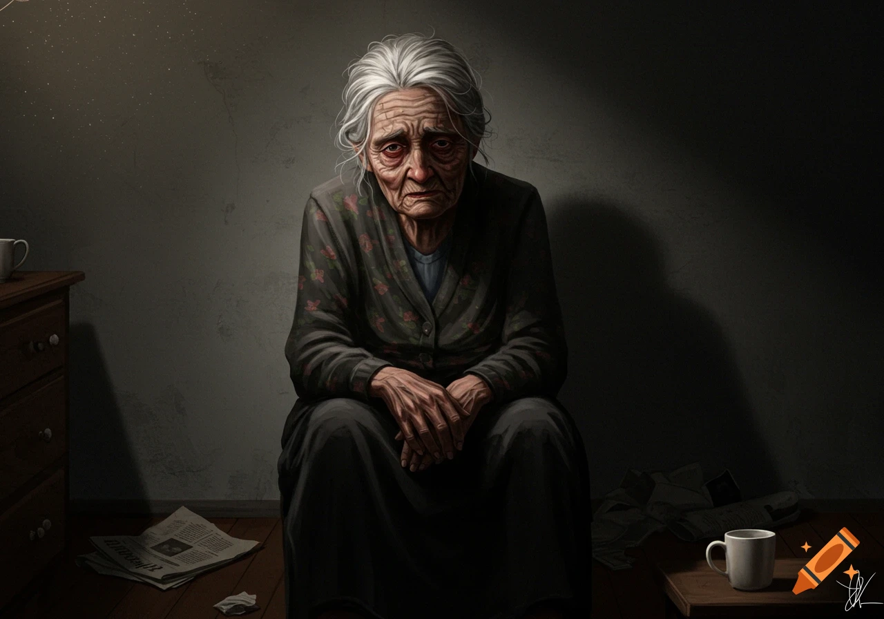 Illustration of a sad old woman sitting alone in a dimly lit room.