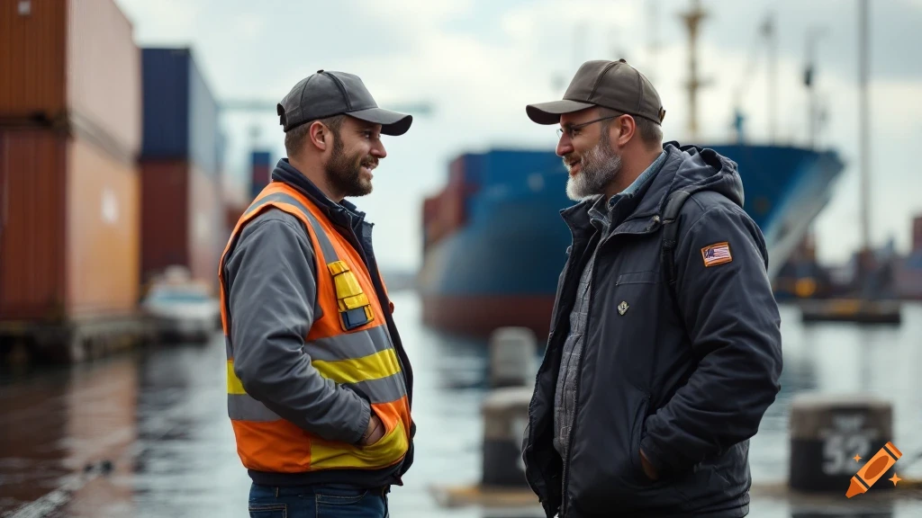 Two men in workwear talk at a cargo port with containers and a ship.