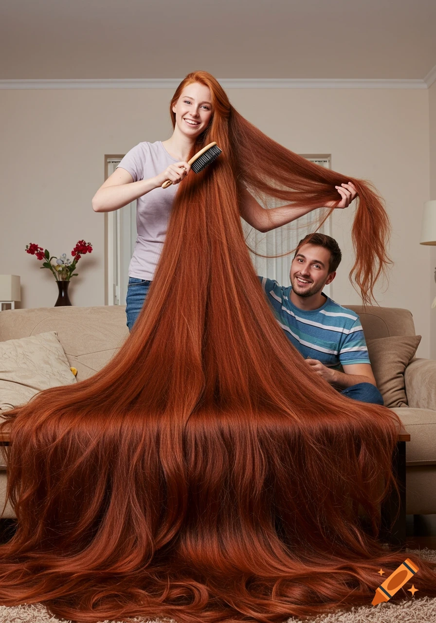 A woman brushes her incredibly long red hair that covers a table and floor, with a man smiling behind her. Photorealistic.