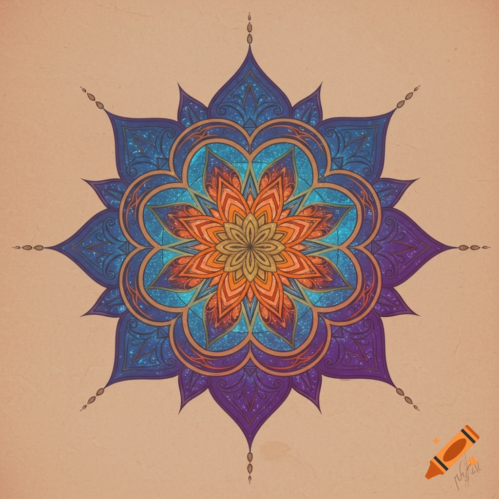 Colorful ornate mandala design with blue, orange, and purple on a textured brown background.