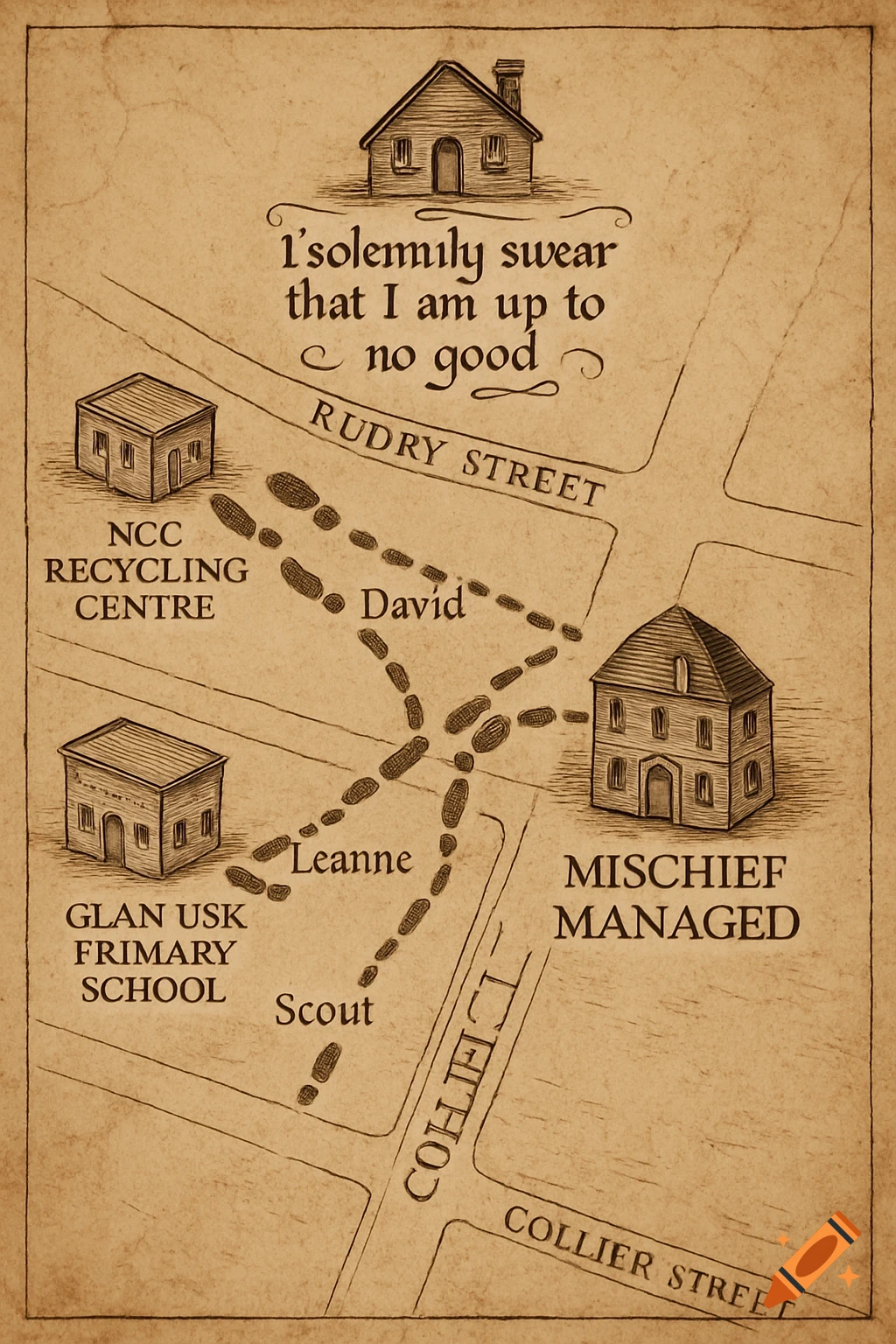 Illustrated map in the style of the Marauder's Map with footprints, buildings, streets, and the text 'I solemnly swear that I am up to no good'.