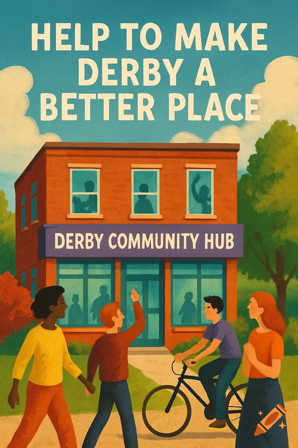 Illustration of people in front of a building with text 'HELP TO MAKE DERBY A BETTER PLACE' and 'DERBY COMMUNITY HUB'