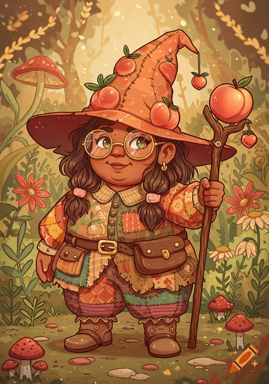 A squat, colorful gnome witch with glasses and a peach-decorated hat and staff stands in a forest.