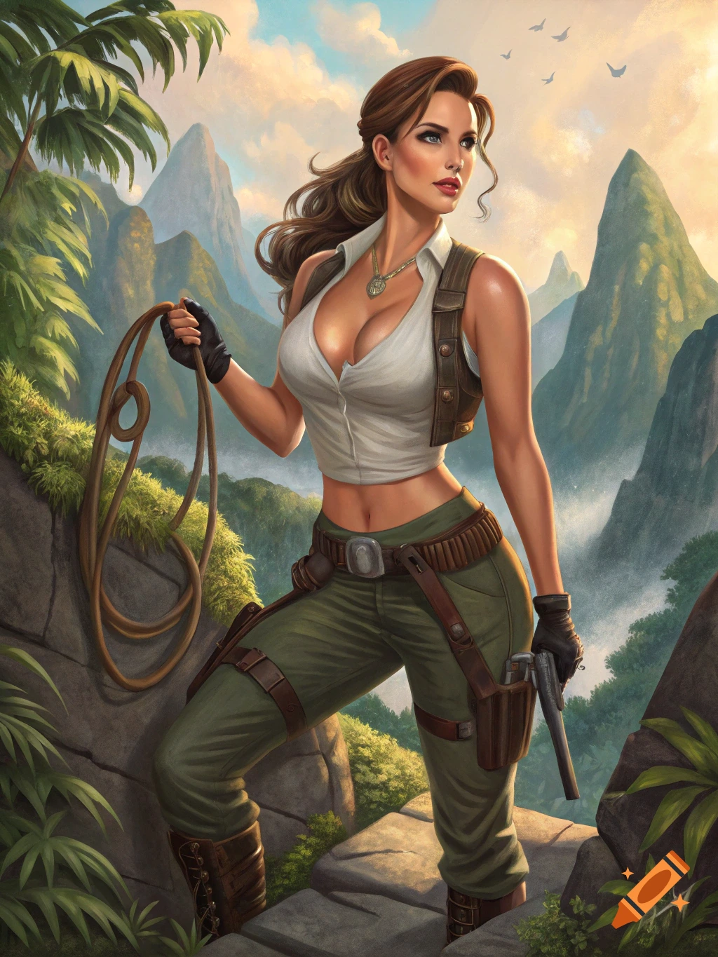 Painting of a woman dressed as an adventurer in a jungle holding a rope and gun.
