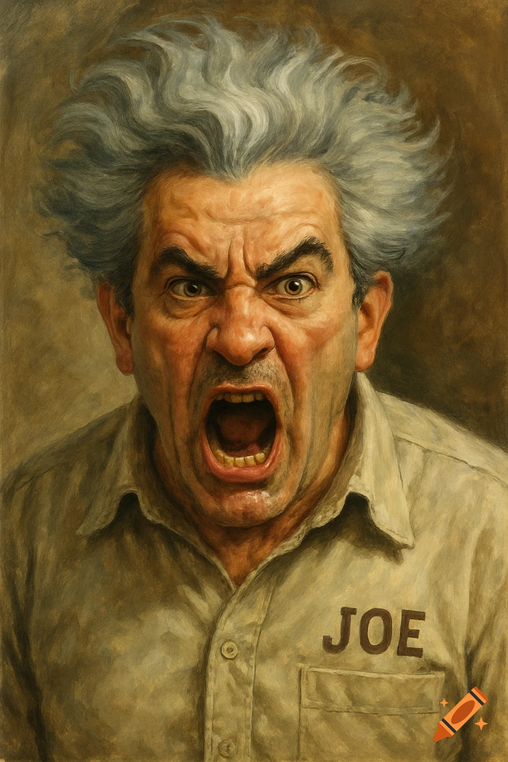 Painting of an angry man with grey hair shouting, wearing a shirt with "JOE" on it.
