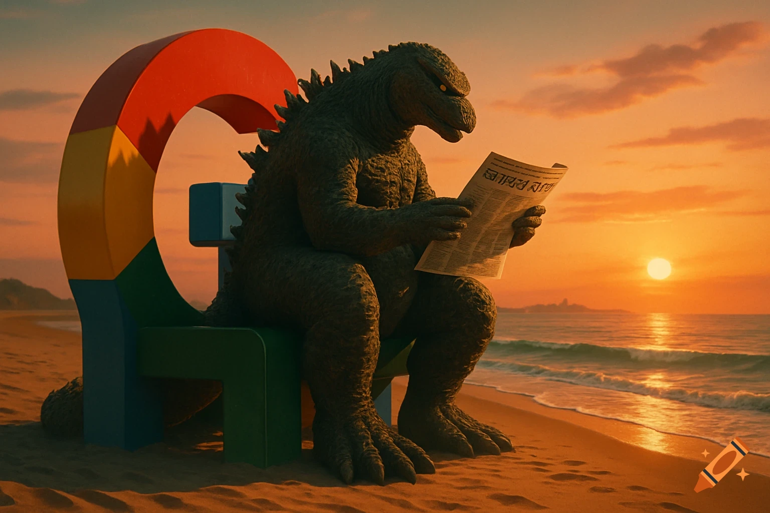 Godzilla sits on a large G-shaped chair on a beach at sunset, reading a newspaper, cinematic style.