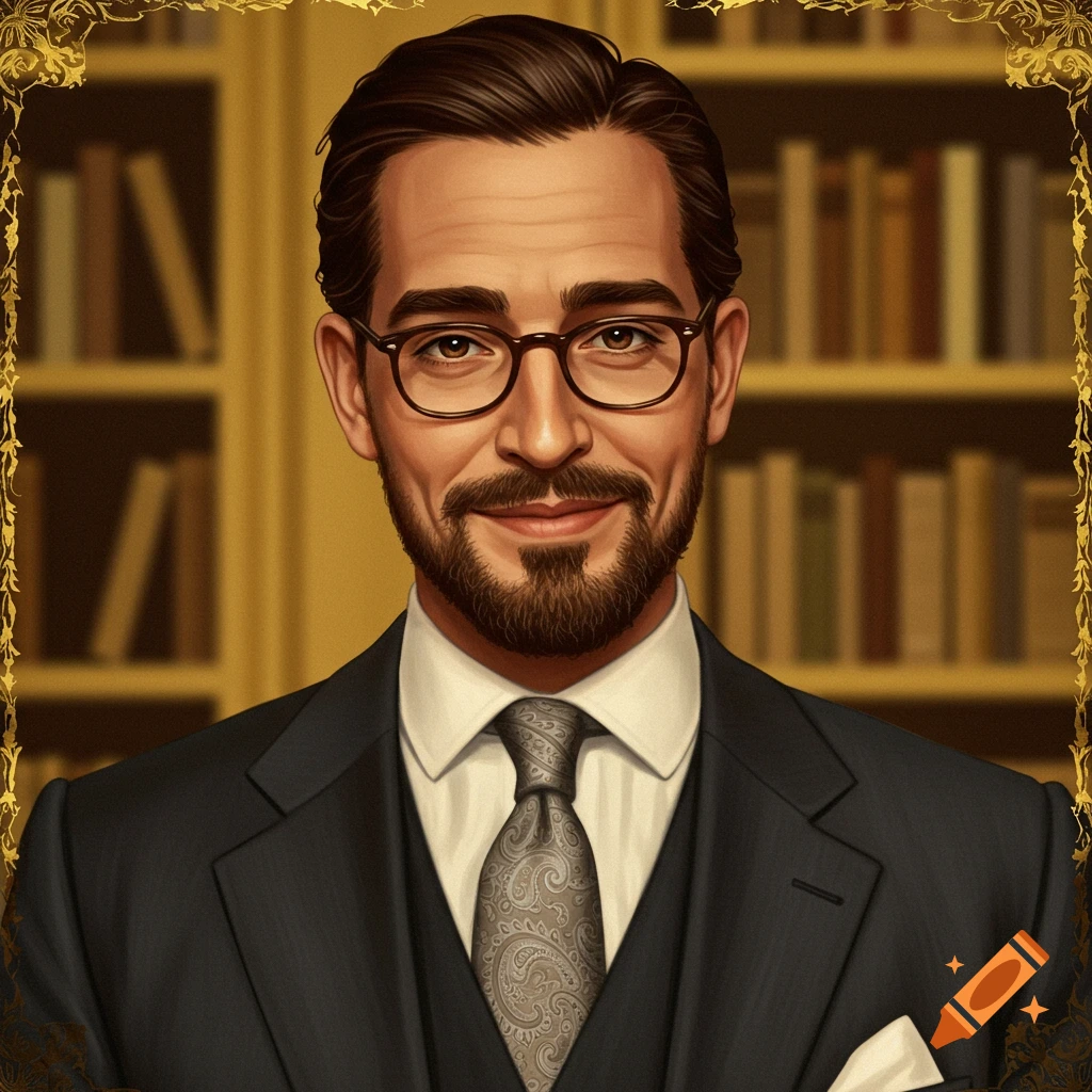 Portrait of a man in a suit and glasses smiling in front of a bookshelf
