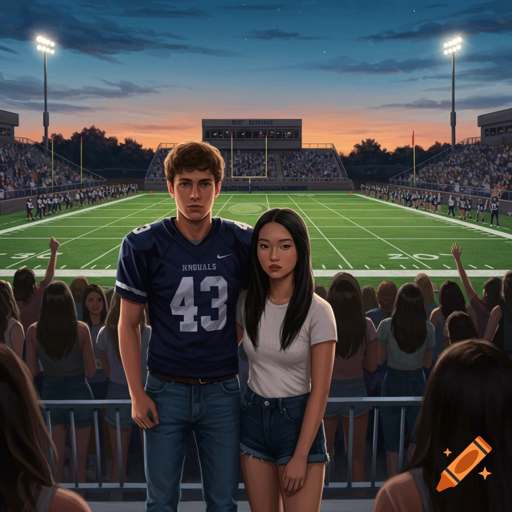 A young man in a football jersey and a young woman stand together in front of a crowded high school football stadium at dusk.