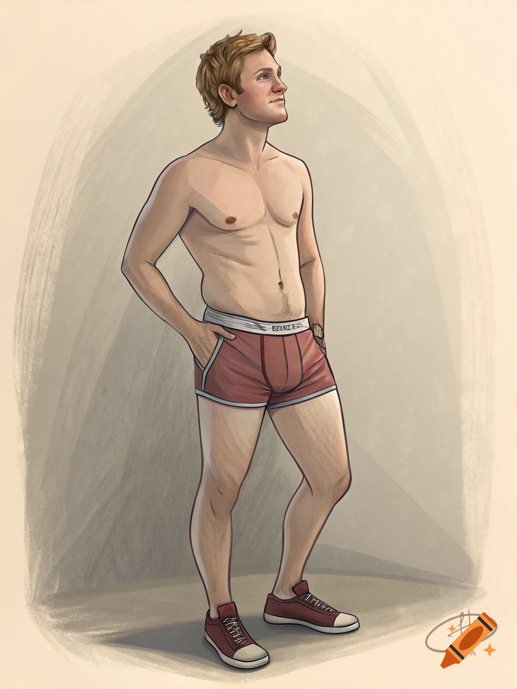 Illustration of a shirtless man in red and white underwear and sneakers standing.