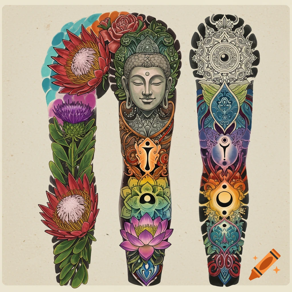 Three colorful tattoo sleeve designs featuring spiritual symbols, Buddha, flowers, and a mandala illustration.