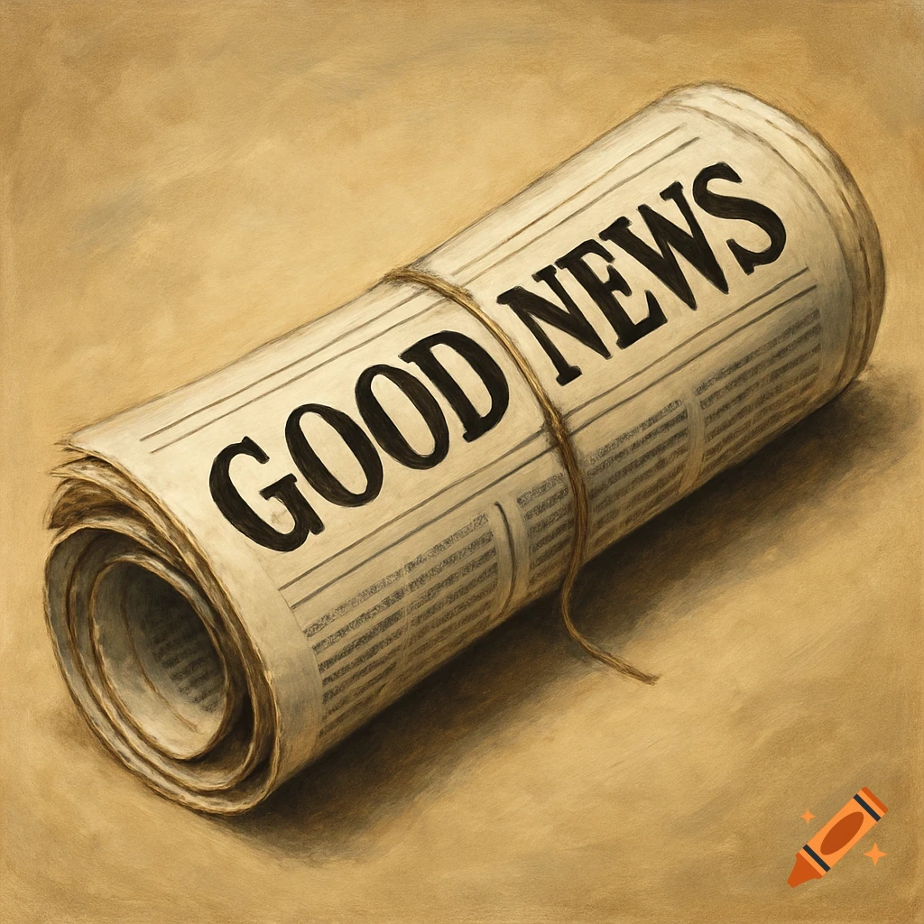 A rolled-up newspaper tied with string, featuring the large text 'GOOD NEWS' on the front, in a vintage illustration style.