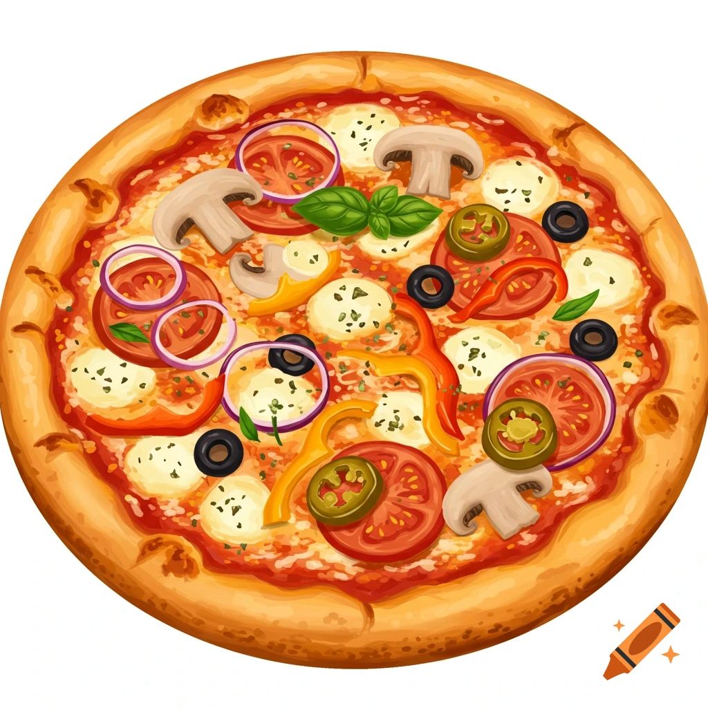 An illustration of a pizza topped with tomatoes, onions, peppers, olives, and mushrooms.