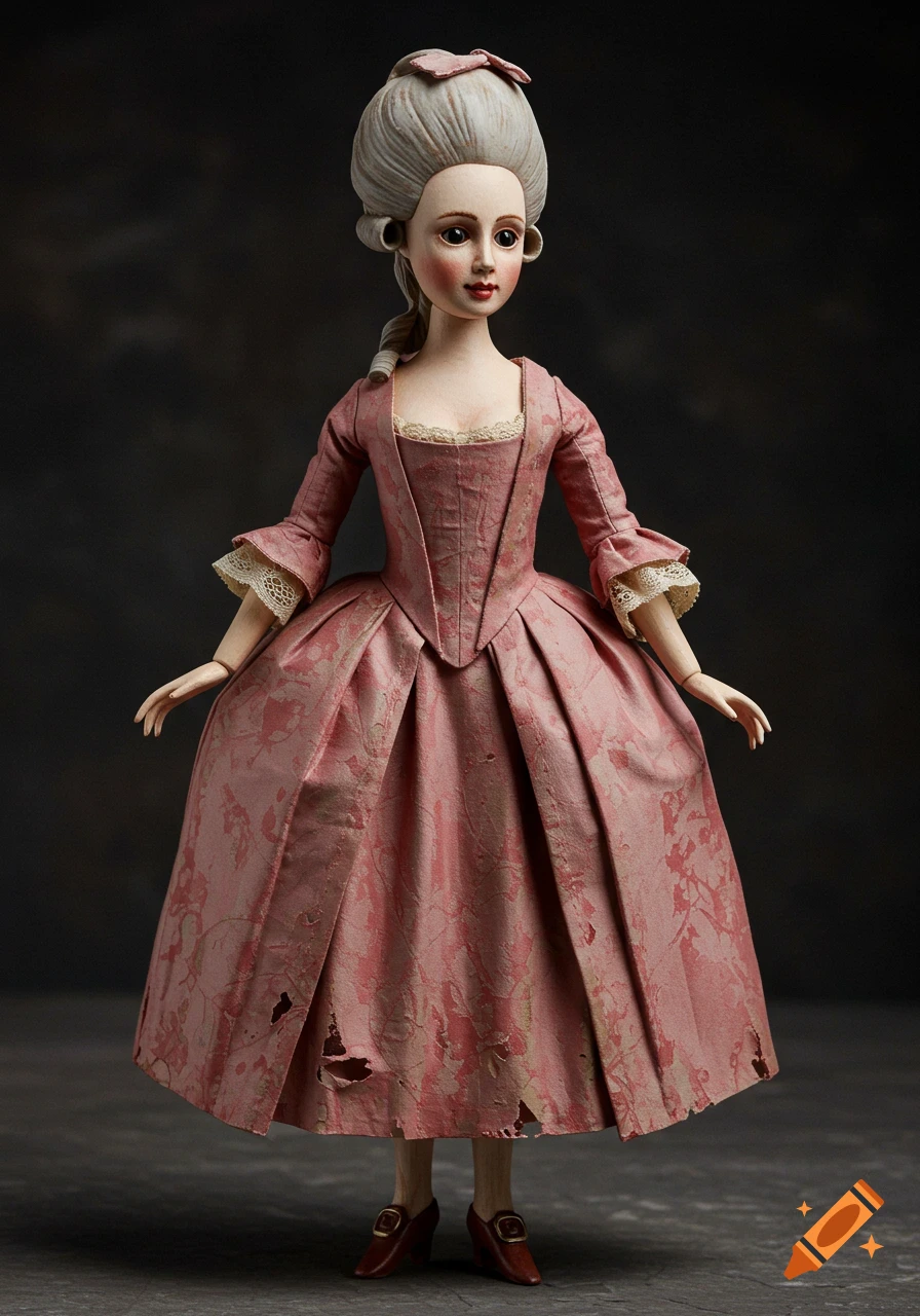 An 18th century-style creepy doll in a decayed pink dress with a white wig.
