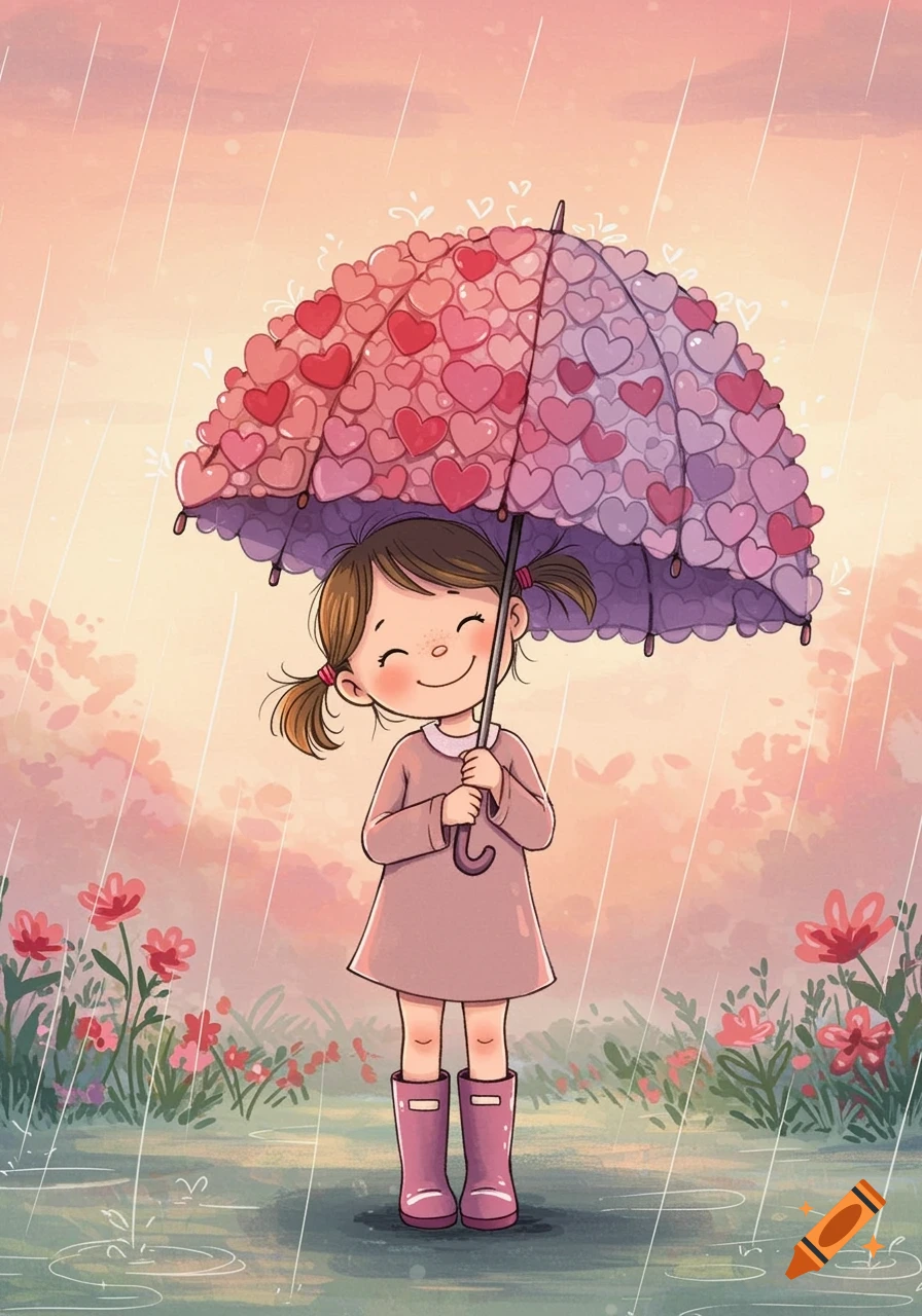Illustration of a girl holding a heart-covered umbrella in the rain
