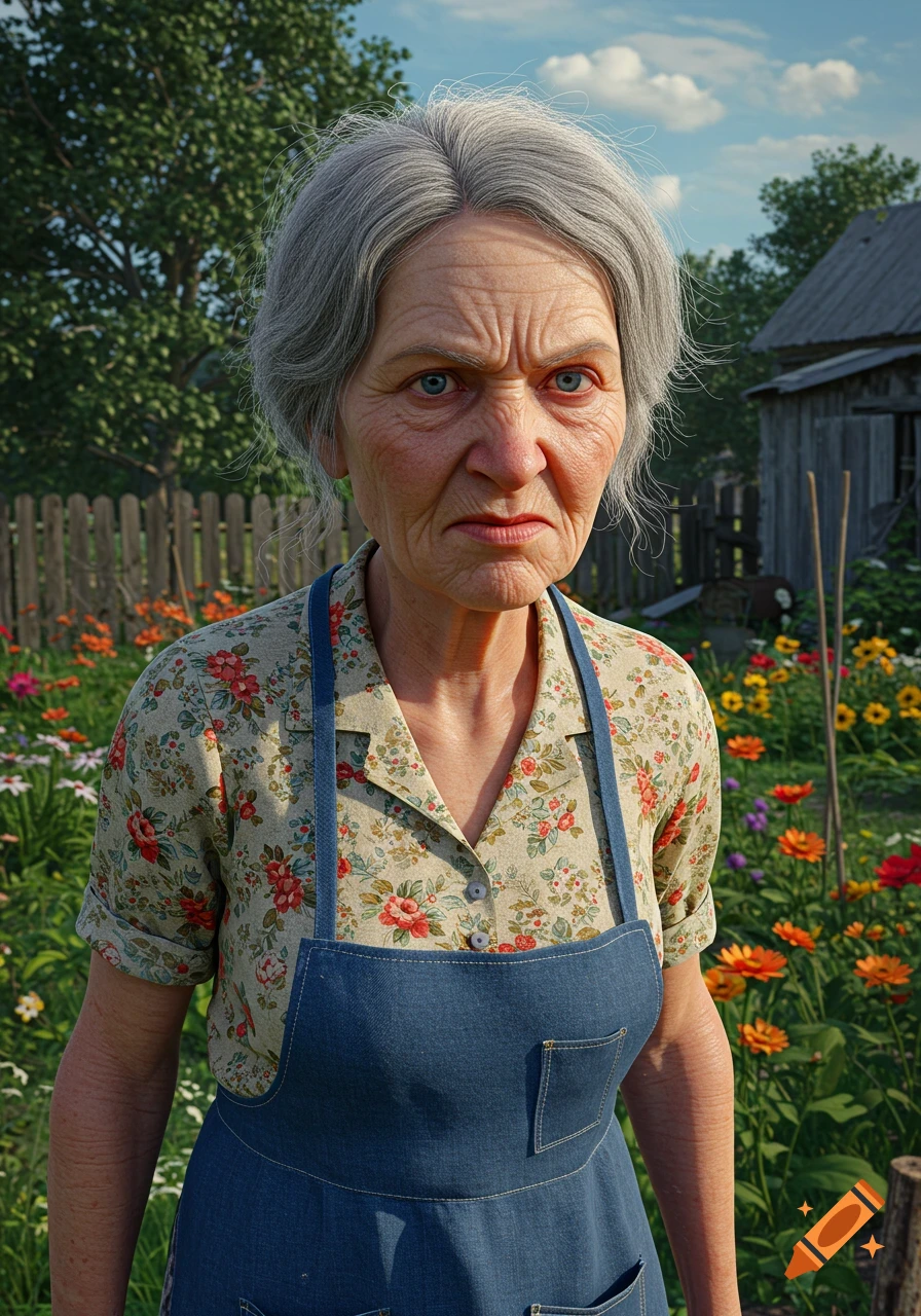 Close-up photorealistic portrait of an angry older woman in an apron standing in a sunny garden with flowers.
