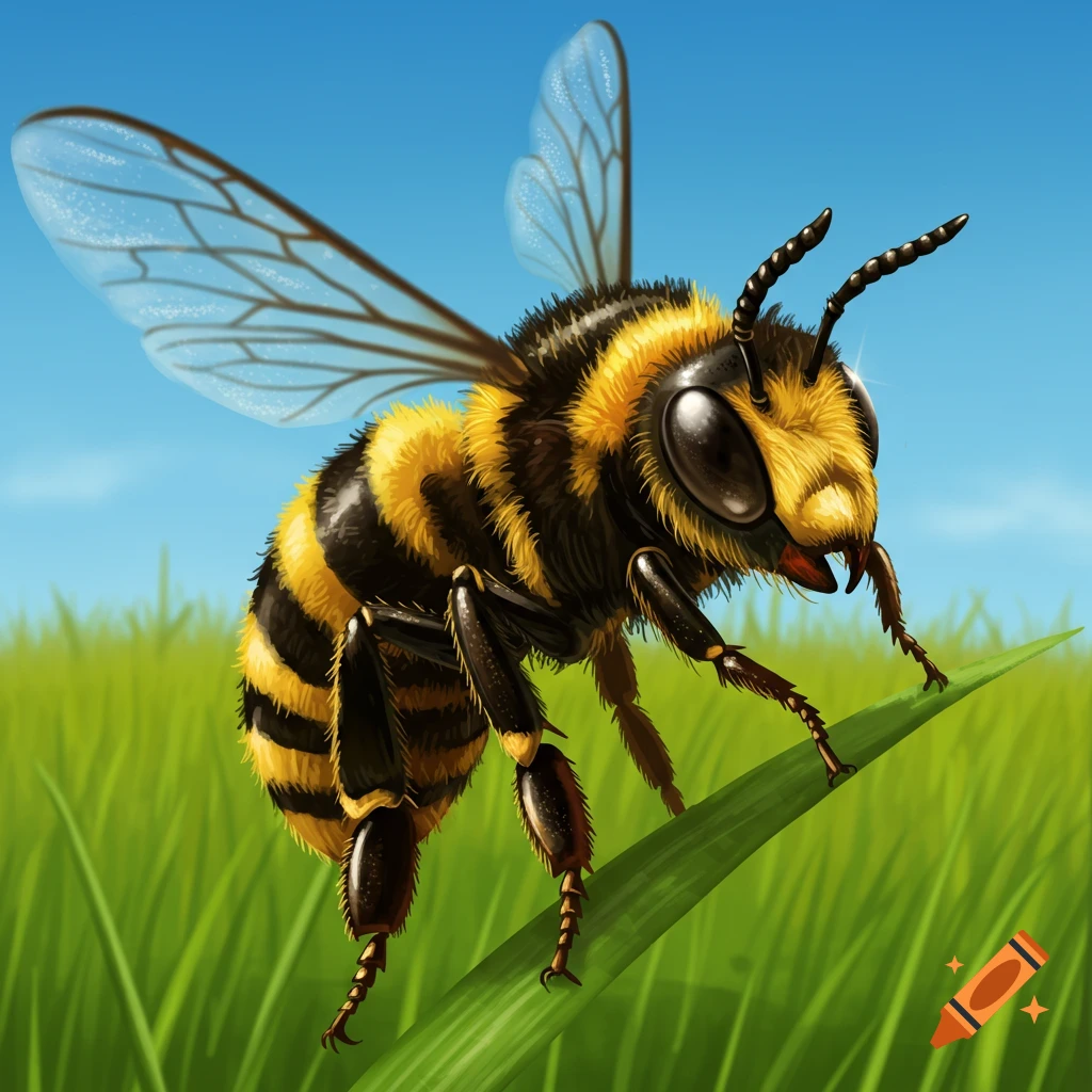 Detailed illustration of a bee on a blade of grass