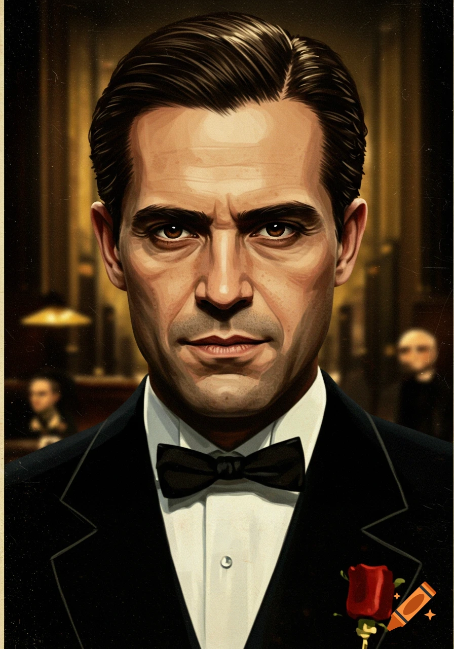 Stylized portrait of a stern-faced man in a tuxedo with a red rose lapel pin, in a dimly lit room.
