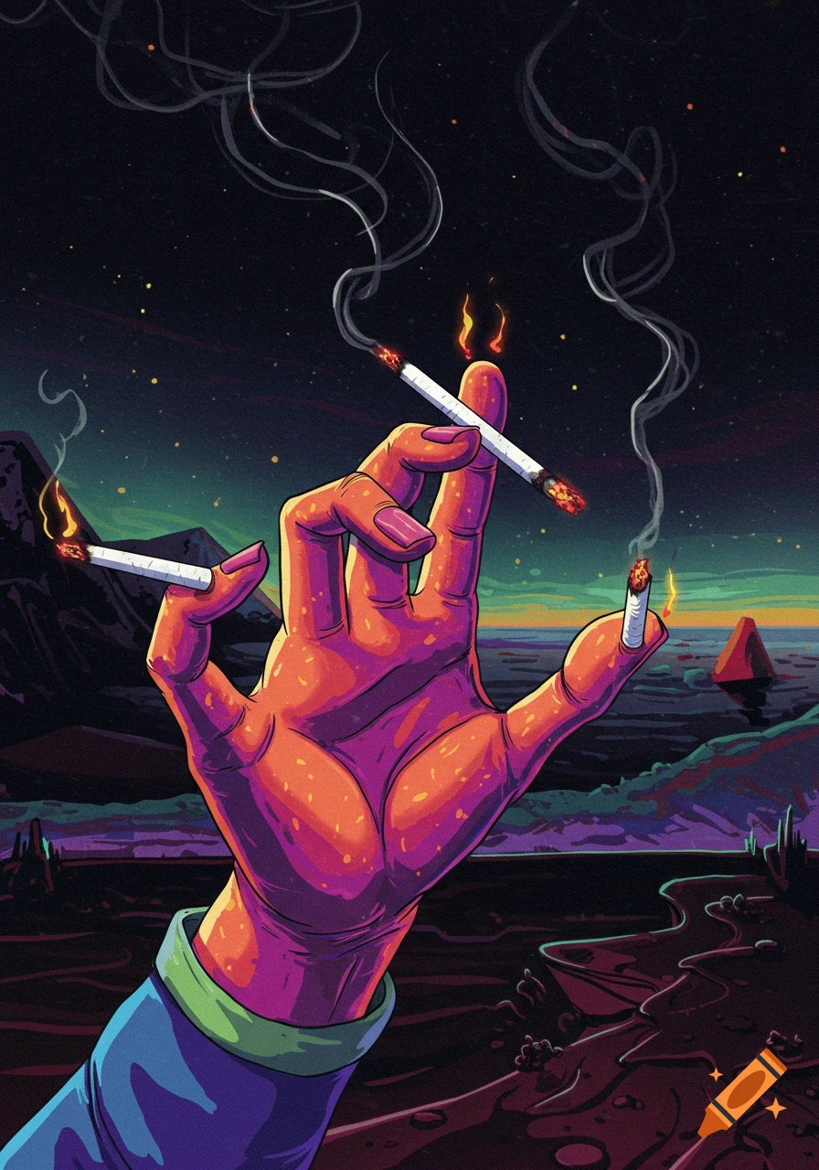 A stylized hand holds multiple burning cigarettes as fingers against a colorful, surreal landscape.