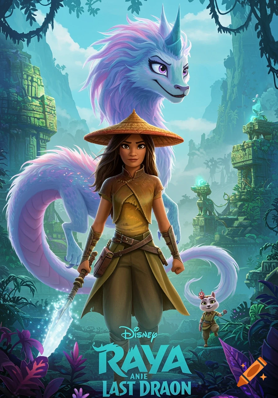 Movie poster for Raya and the Last Dragon featuring Raya and a dragon in a jungle temple