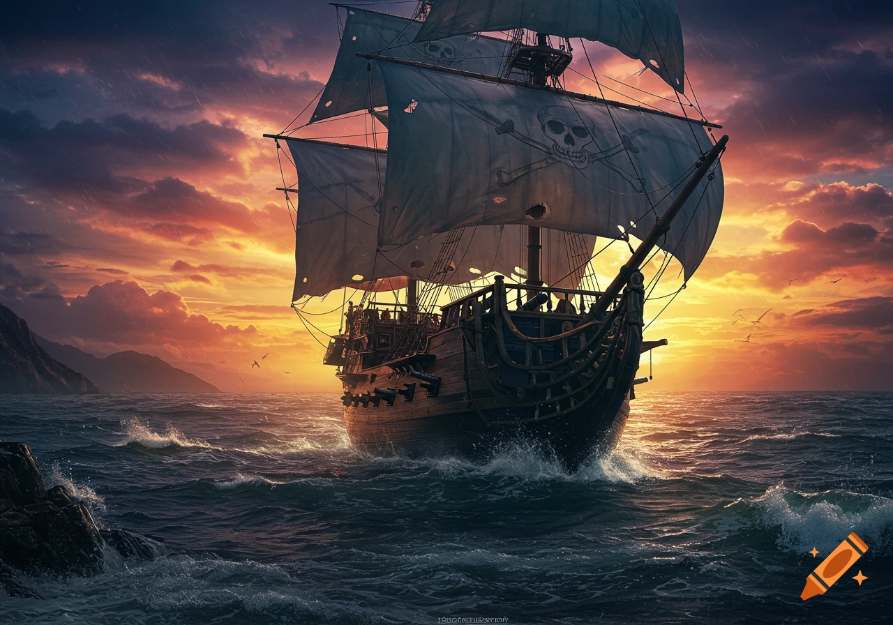 A pirate ship sails on a stormy sea with tattered sails featuring a skull and crossbones against a dramatic sunset sky.