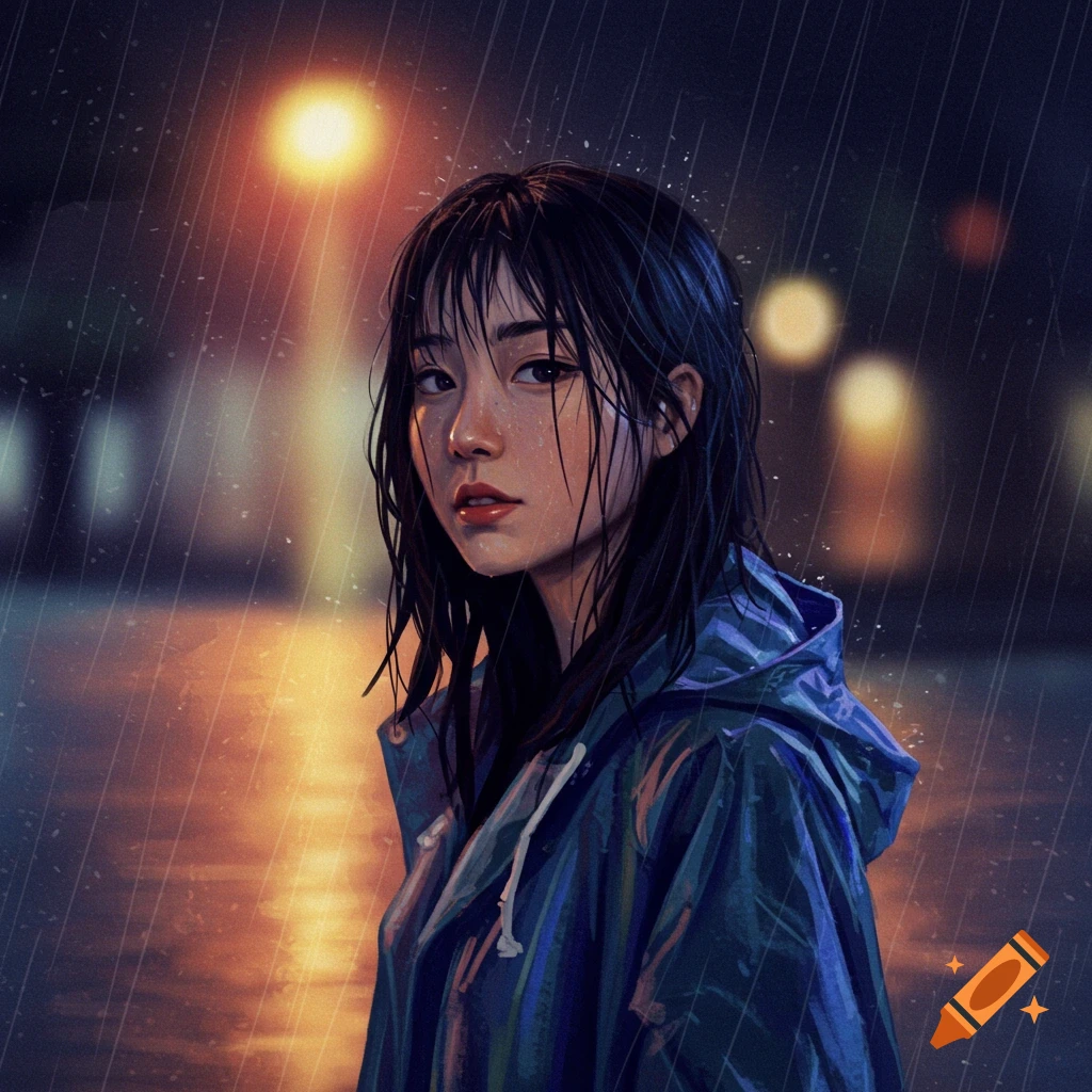 Digital illustration of a woman in a blue rain jacket standing in the rain at night under a streetlight.