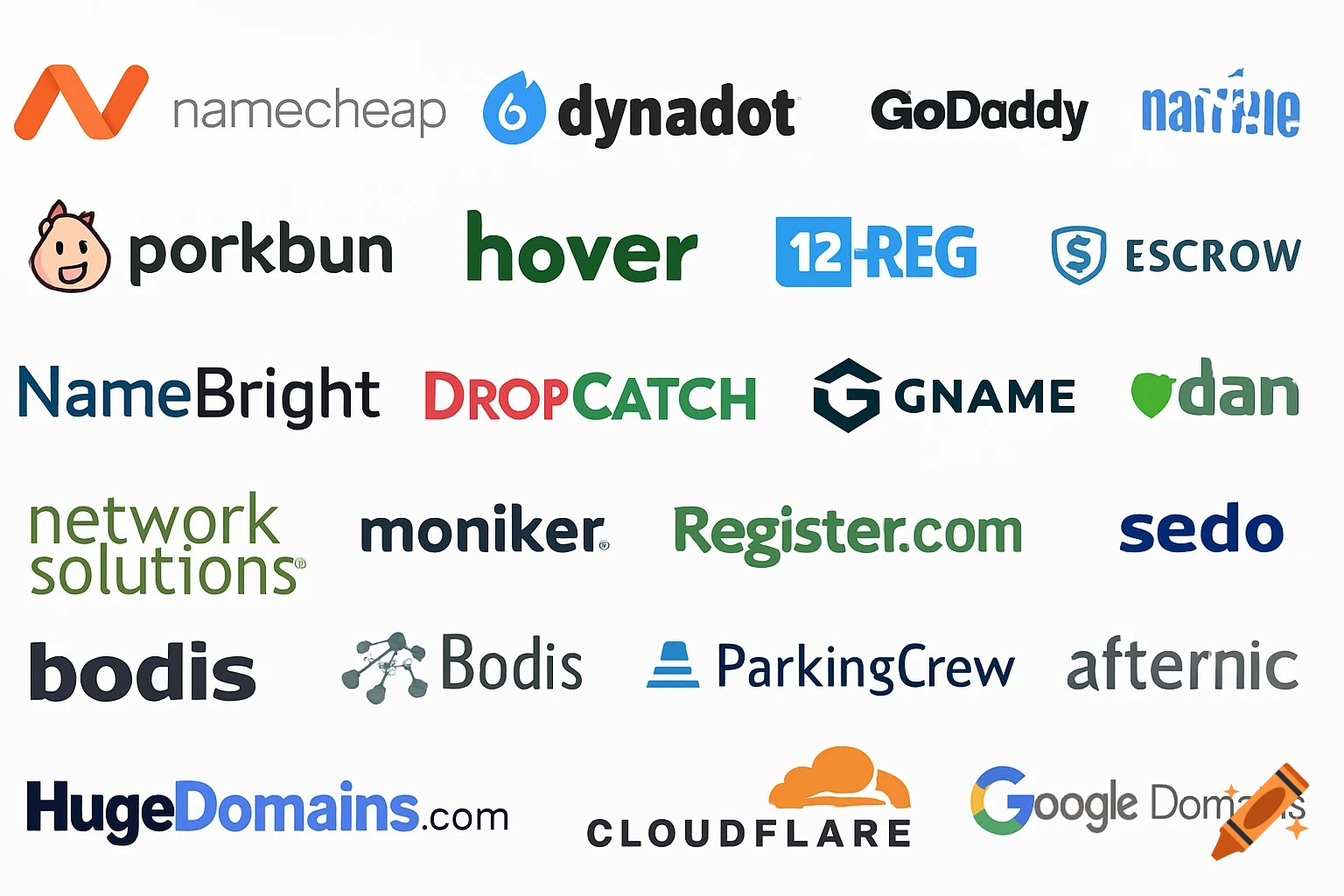 Collection of domain registrar and web service logos on a white background.