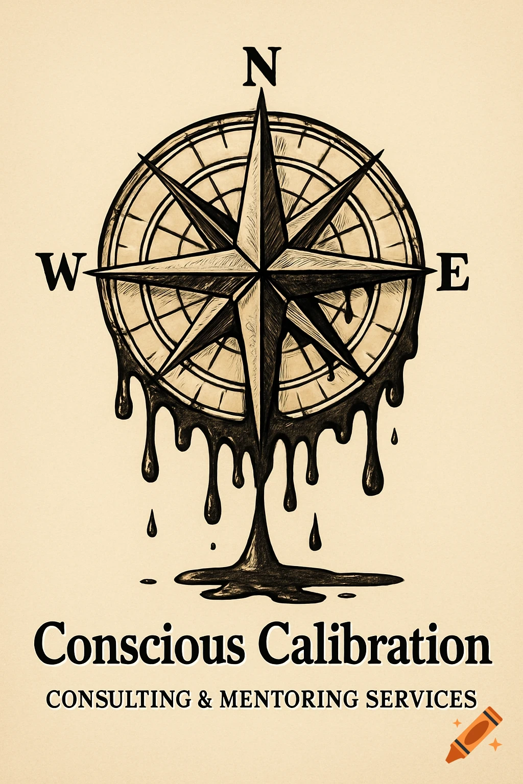 Ink sketch of a melting compass rose with the text "Conscious Calibration Consulting & Mentoring Services" below.