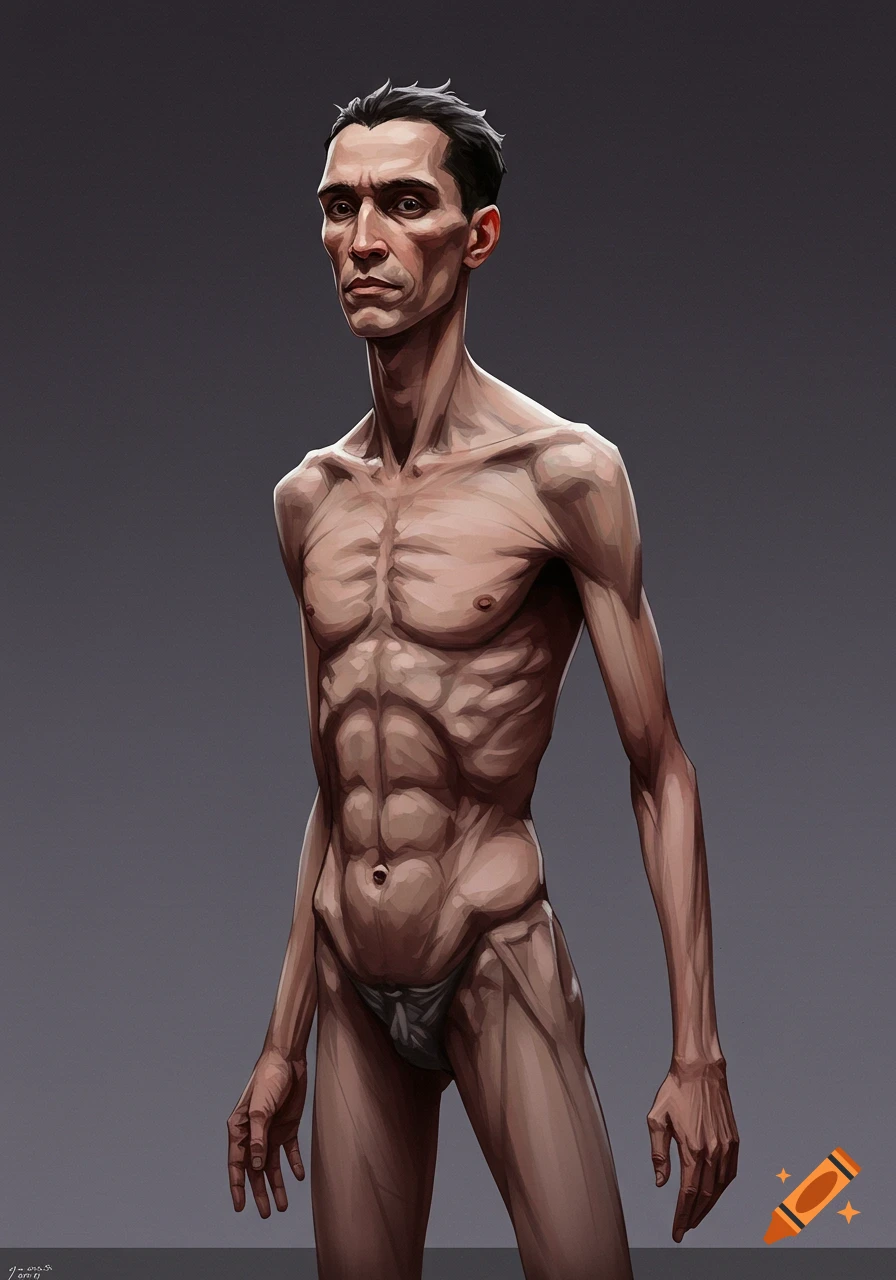 Stylized illustration of an extremely thin, muscular man looking forward.