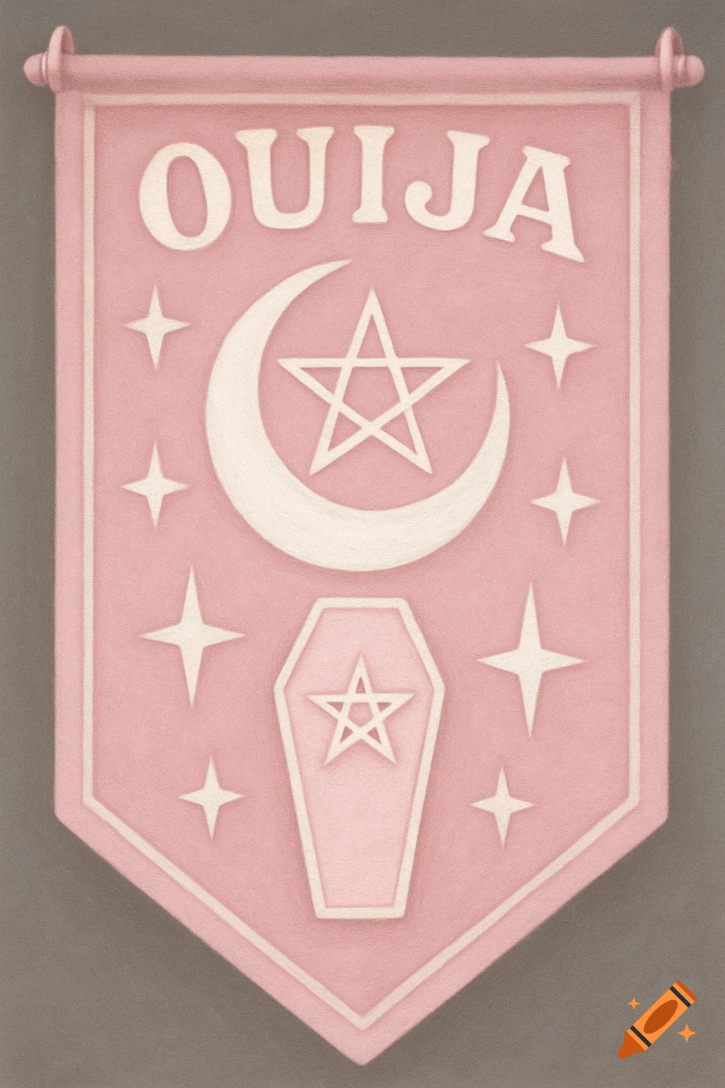 A pink and white banner with the word OUIJA, a moon, pentagram, stars, and a coffin symbol.