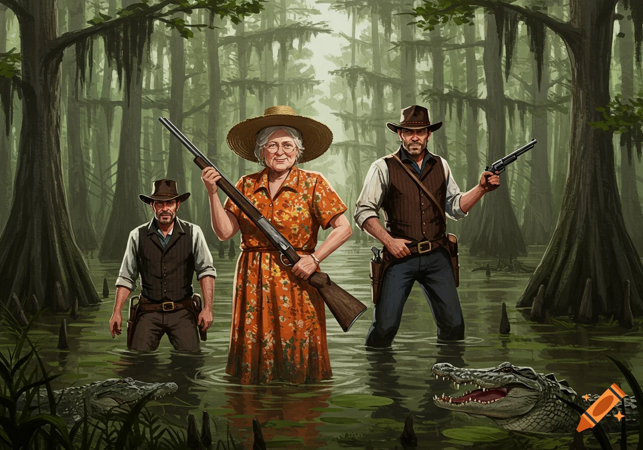 A grandma and two men in cowboy attire stand in a swamp with rifles and pistols, with alligators nearby. Illustrated style.
