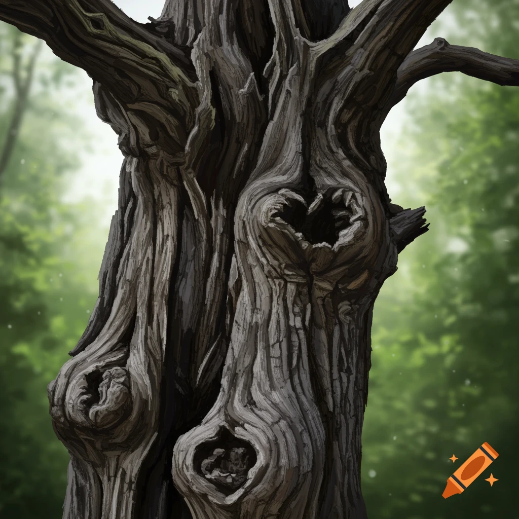 An old, gnarled tree trunk with large knotholes against a blurred green forest background.